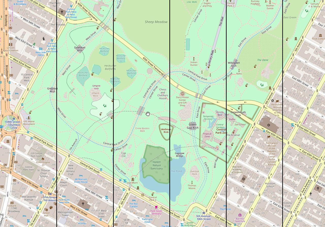 map of the southern section of central park, showing the green areas surrounded by roads and typical city locations, and parallel lines for magnetic north.