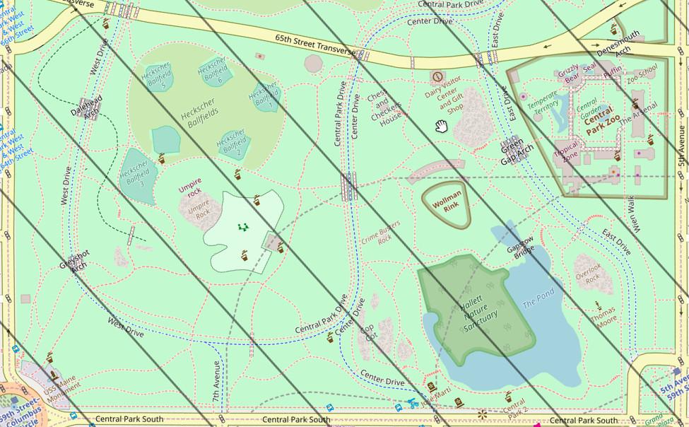 map of just the southern section of central park with parallel lines going to the upper left, indicating the direction of magnetic north.